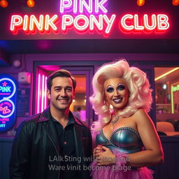 A vibrant film poster titled 'Pink Pony Club' set outside a lively club