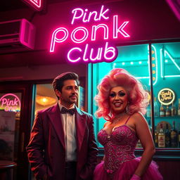 A vibrant film poster titled 'Pink Pony Club' set outside a lively club