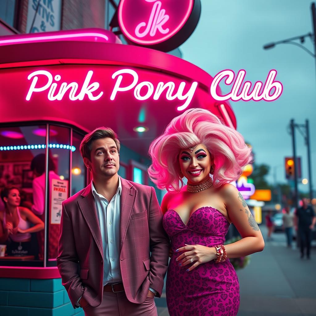 A vibrant film poster titled 'Pink Pony Club' set outside a lively club