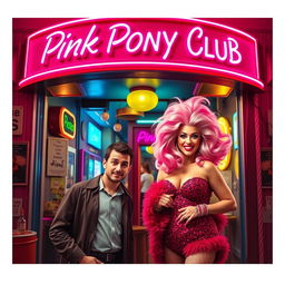 A vibrant film poster titled 'Pink Pony Club' set outside a lively club