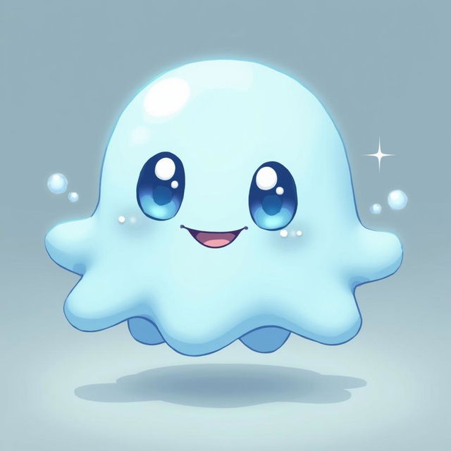 Create a cute ghost character in the style of a Pokémon sprite, with a friendly expression, large eyes, and a semi-transparent body