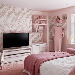 A stylish, girly room for a 25-year-old with one wall featuring floral wallpaper, other walls in dusty pink, inclusive of a bed, couch, vanity, TV, and a bookshelf