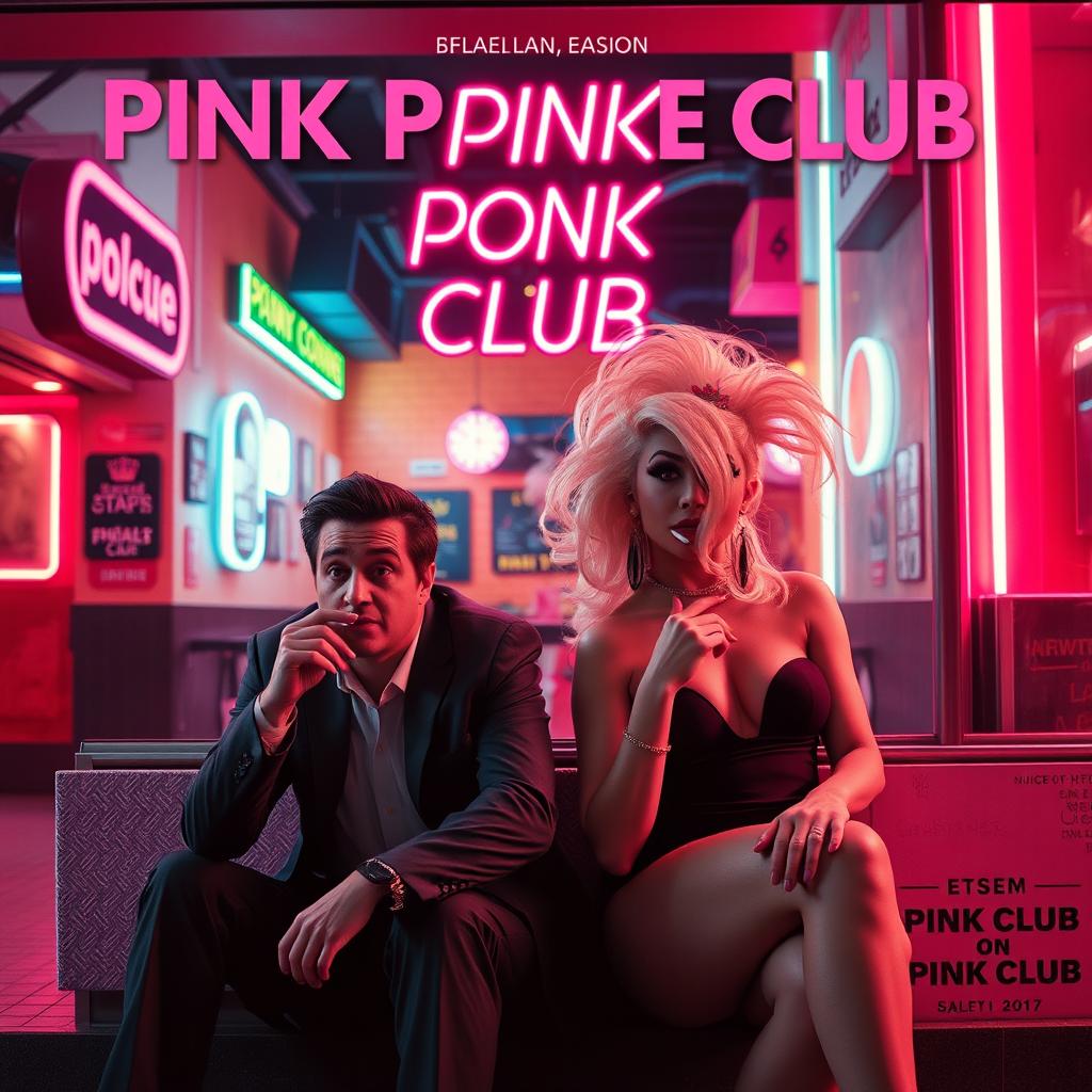 A film poster titled 'Pink Pony Club' set outside a lively club