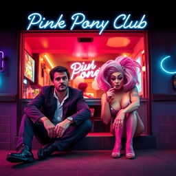 A film poster titled 'Pink Pony Club' set outside a lively club