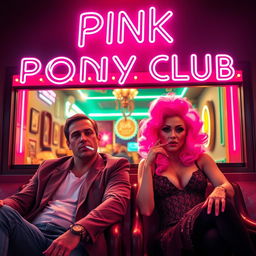 A film poster titled 'Pink Pony Club' set outside a lively club