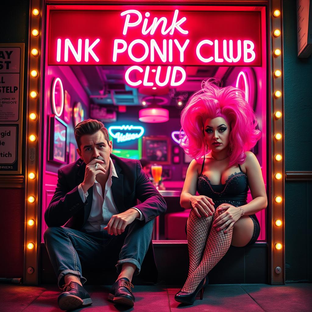 A film poster titled 'Pink Pony Club' set outside a lively club