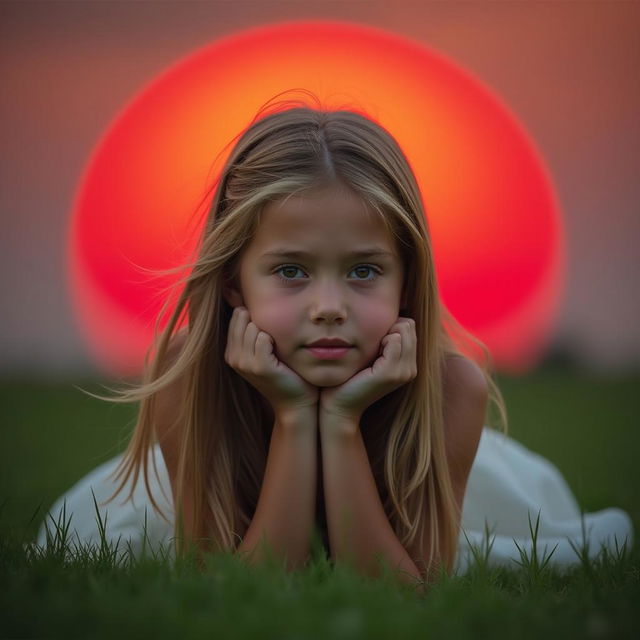 A young girl lying on her stomach with a red sun setting behind her in a natural, tranquil setting