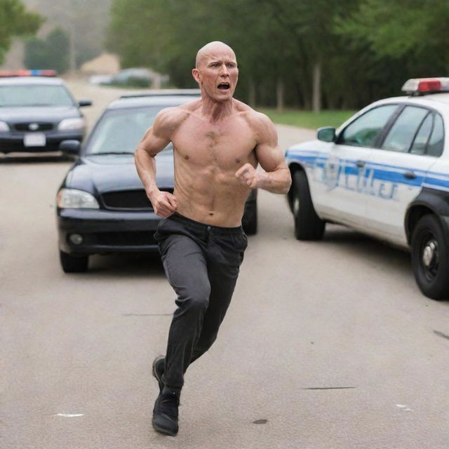 A bald, skinny man named Troy, filled with rage, sprinting swiftly to evade the pursuit of police officers trailing behind him.