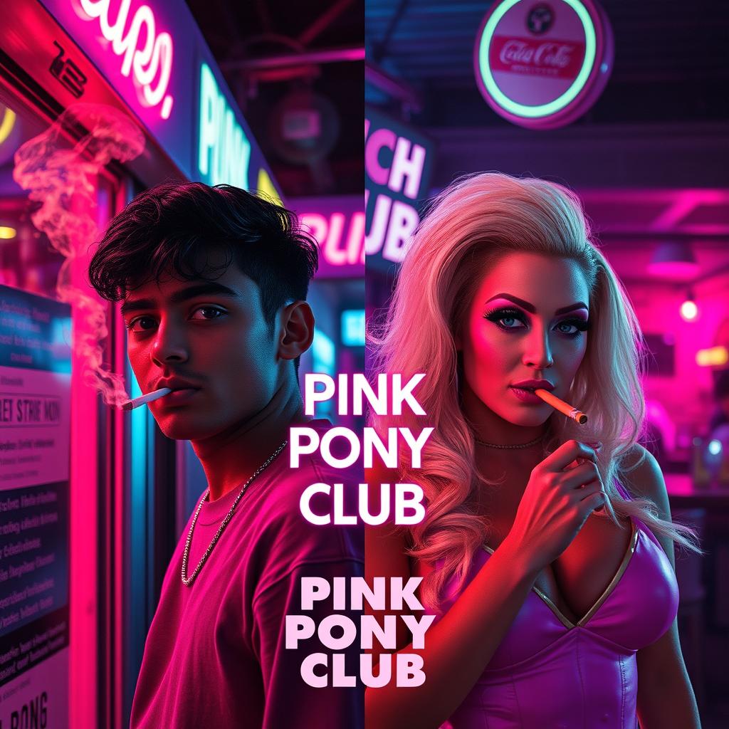 A film poster titled 'Pink Pony Club' set outside a club, divided down the middle