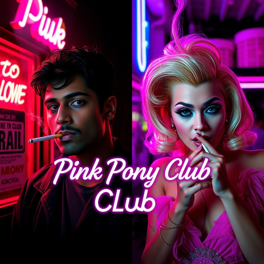 A film poster titled 'Pink Pony Club' set outside a club, divided down the middle