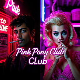 A film poster titled 'Pink Pony Club' set outside a club, divided down the middle