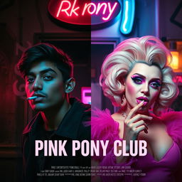 A film poster titled 'Pink Pony Club' set outside a club, divided down the middle