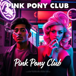 A film poster titled 'Pink Pony Club' set outside a club, divided down the middle