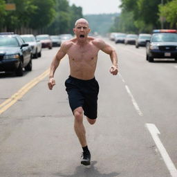 A bald, skinny man named Troy, filled with rage, sprinting swiftly to evade the pursuit of police officers trailing behind him.