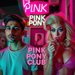 A film poster titled 'Pink Pony Club' set outside a club, divided down the middle