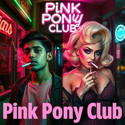 A film poster titled 'Pink Pony Club' set outside a club, divided down the middle