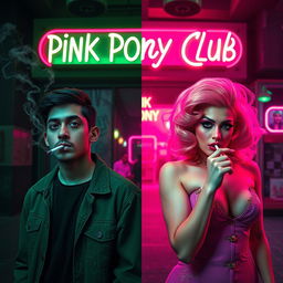 A film poster titled 'Pink Pony Club' set outside a club, divided down the middle