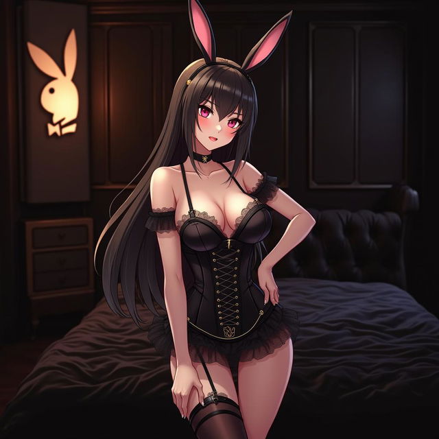 An anime girl designed for the Playboy Virtual Telegram group, with a confident and playful expression, stylish and slightly revealing clothing, and a predominantly black, luxurious background