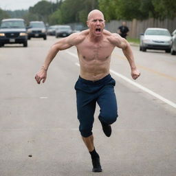 A bald, skinny man named Troy, filled with rage, sprinting swiftly to evade the pursuit of police officers trailing behind him.