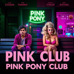 A film poster titled 'Pink Pony Club' set outside a club, divided down the middle