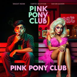 A film poster titled 'Pink Pony Club' set outside a club, divided down the middle