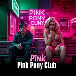 A film poster titled 'Pink Pony Club' set outside a club, divided down the middle