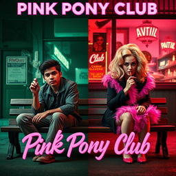 A film poster titled 'Pink Pony Club' set outside a club, divided down the middle