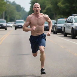 A bald, skinny man named Troy, filled with rage, sprinting swiftly to evade the pursuit of police officers trailing behind him.