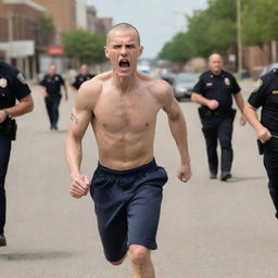 A skinny, angry man named Troy, featuring a buzz cut, is pictured in action, sprinting away from pursuing police officers.