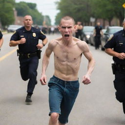 A skinny, angry man named Troy, featuring a buzz cut, is pictured in action, sprinting away from pursuing police officers.