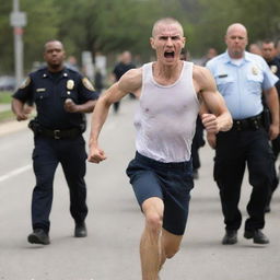 A skinny, angry man named Troy, featuring a buzz cut, is pictured in action, sprinting away from pursuing police officers.