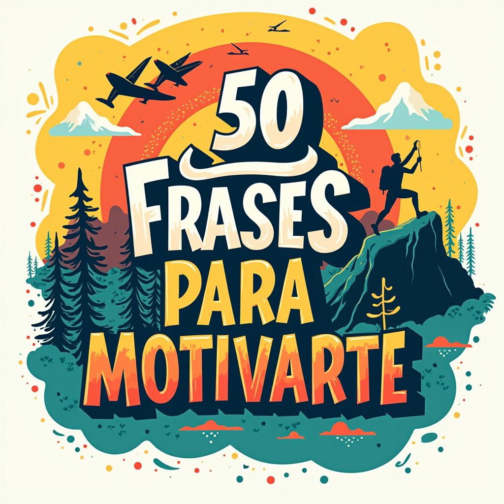 Create a vibrant and uplifting design featuring the text 'TOP 50 FRASES PARA MOTIVARTE' with colorful and energetic background elements such as sunrises, mountains, and people achieving their goals