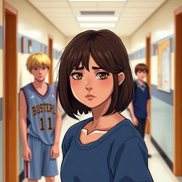 A teenage girl with shoulder-length dark brown hair, with a serious but sad expression, standing in a school hallway