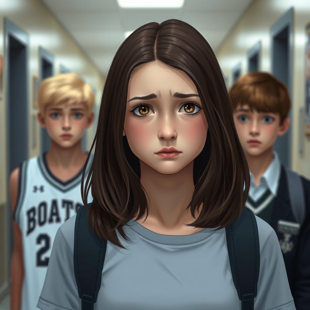 A teenage girl with shoulder-length dark brown hair, with a serious but sad expression, standing in a school hallway