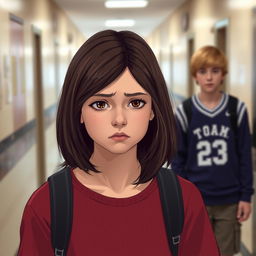 A teenage girl with shoulder-length dark brown hair, with a serious but sad expression, standing in a school hallway