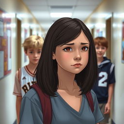 A teenage girl with shoulder-length dark brown hair, with a serious but sad expression, standing in a school hallway