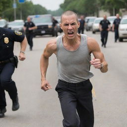 A skinny, angry man named Troy, featuring a buzz cut, is pictured in action, sprinting away from pursuing police officers.