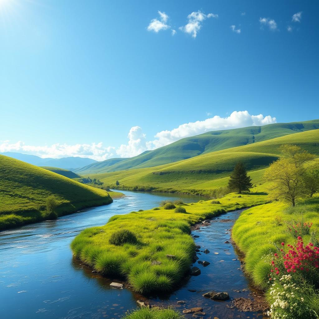 Create an image that showcases a beautiful landscape with a clear blue sky, green rolling hills, and a tranquil river flowing through the scene