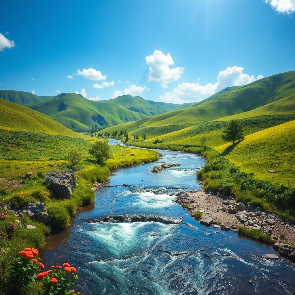 Create an image that showcases a beautiful landscape with a clear blue sky, green rolling hills, and a tranquil river flowing through the scene