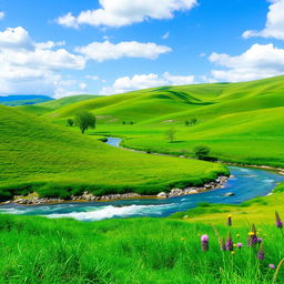 Create an image that showcases a beautiful landscape with a clear blue sky, green rolling hills, and a tranquil river flowing through the scene