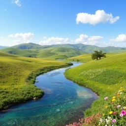 Create an image that showcases a beautiful landscape with a clear blue sky, green rolling hills, and a tranquil river flowing through the scene