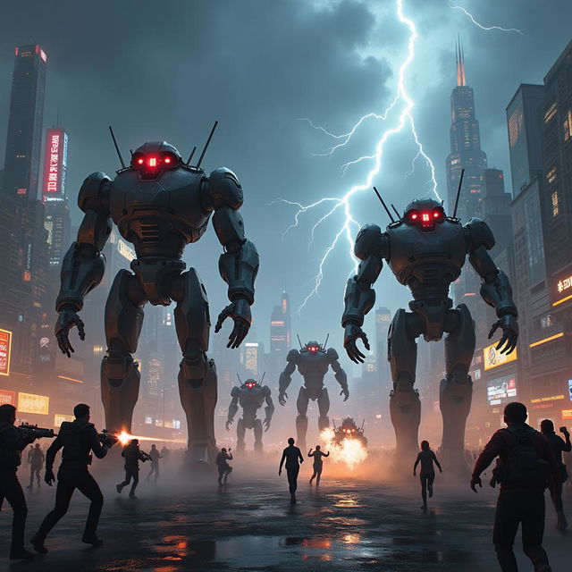 A futuristic city is under siege by an army of highly detailed robots with glowing red eyes and various weapons