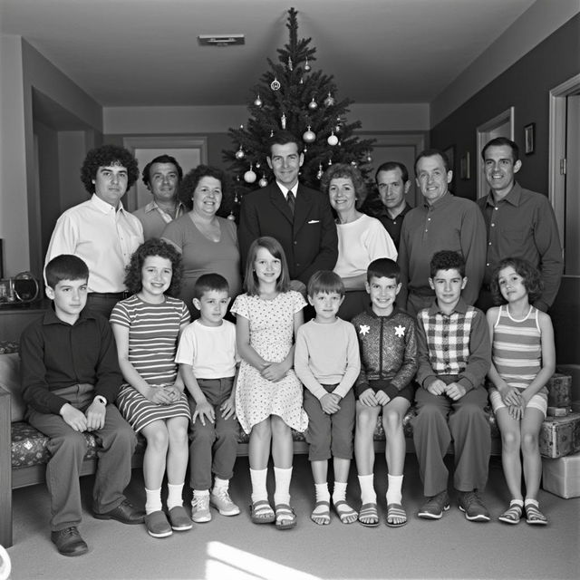 A black and white family photo from Christmas in 1967 featuring 17 people, including a central family with parents and children, grandparents, and stepsiblings with their families