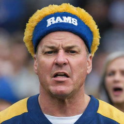 An ardent Rams fan, adorned in team colors, displaying clear signs of anger and frustration, possibly due to a disappointing game.