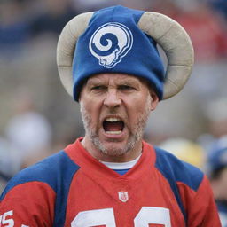 An ardent Rams fan, adorned in team colors, displaying clear signs of anger and frustration, possibly due to a disappointing game.