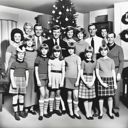 A black and white family photo from Christmas in 1967 featuring 17 people, including a central family with parents and children, grandparents, stepsiblings with their families, and one additional man