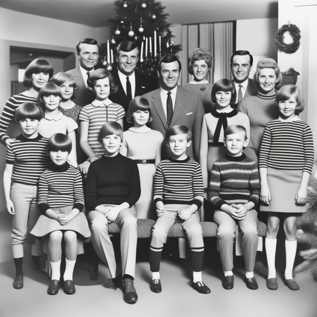 A black and white family photo from Christmas in 1967 featuring 17 people, including a central family with parents and children, grandparents, stepsiblings with their families, and one additional man