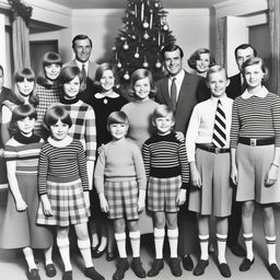 A black and white family photo from Christmas in 1967 featuring 17 people, including a central family with parents and children, grandparents, stepsiblings with their families, and one additional man