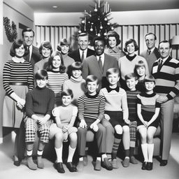 A black and white family photo from Christmas in 1967 featuring 17 people, including a central family with parents and children, grandparents, stepsiblings with their families, and one additional man