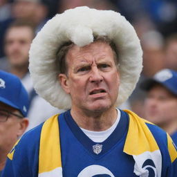 An ardent Rams fan, adorned in team colors, displaying clear signs of anger and frustration, possibly due to a disappointing game.